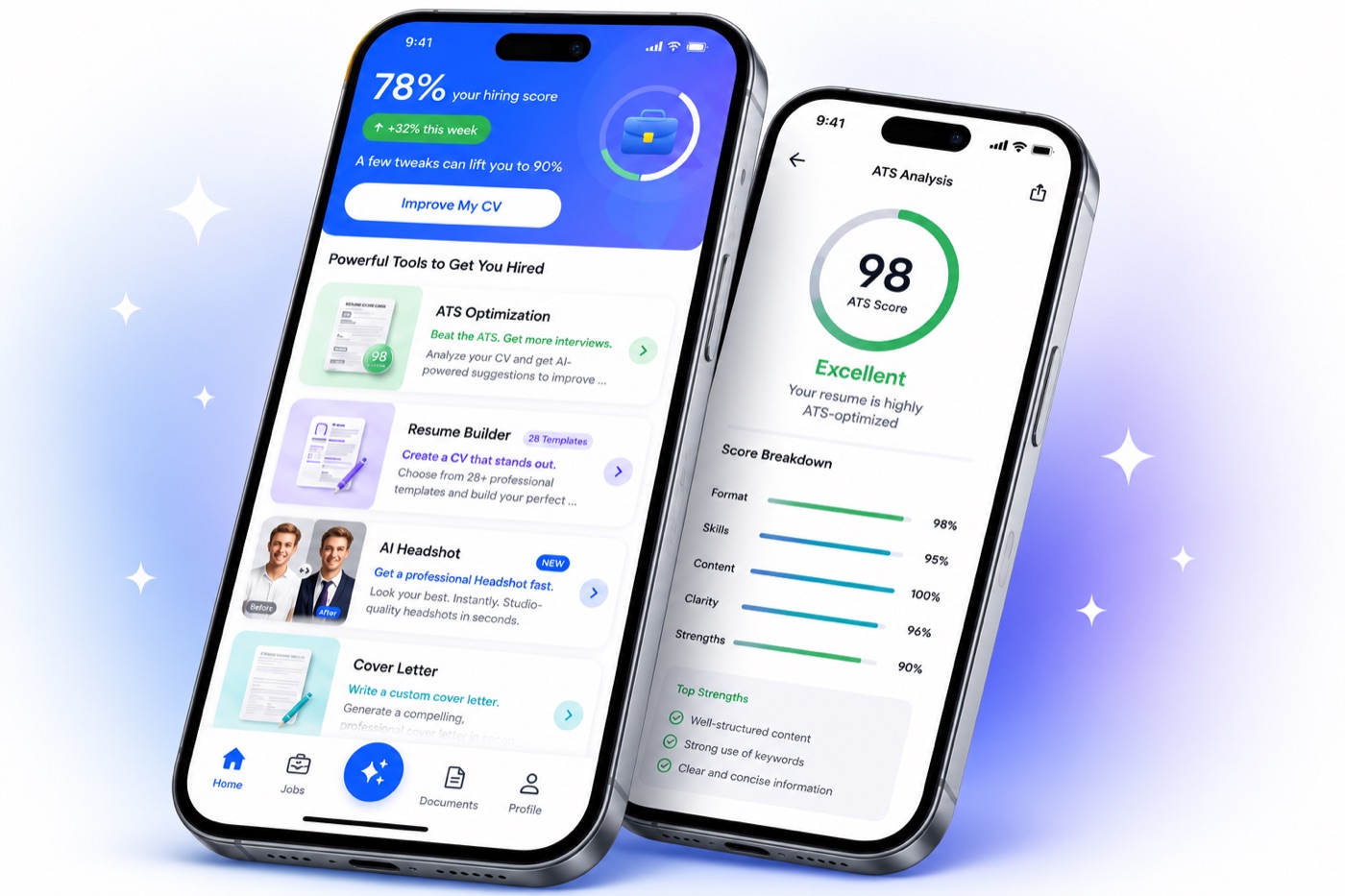 The Carivo app on two phones: a hiring score of 78% with tools to improve it, and an ATS analysis of a CV.